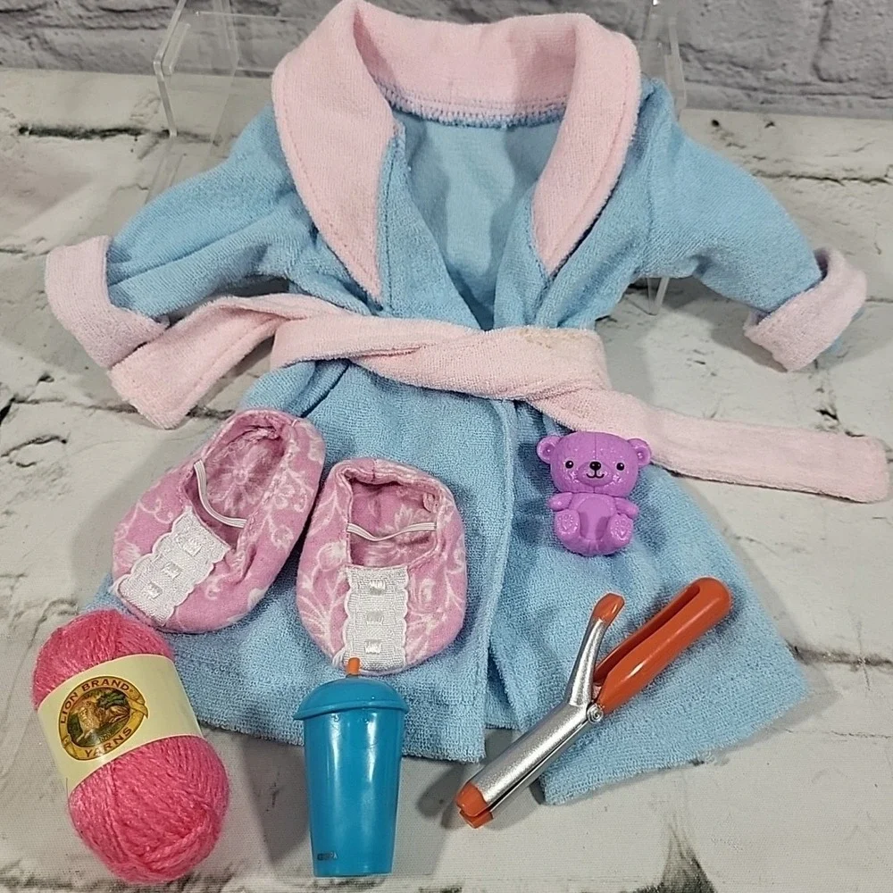 Our Generation Doll Accessories Lot Bathrobe Slippers Yarn Curling Iron Nightime